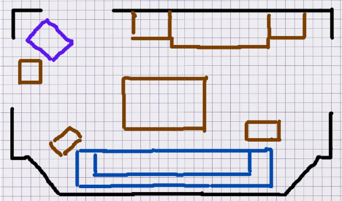 Graph paper with outlines representing the furniture in the author's living room.